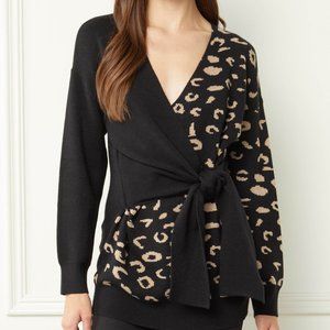 ENTRO Leopard print colorblock v-neck wrap sweater
